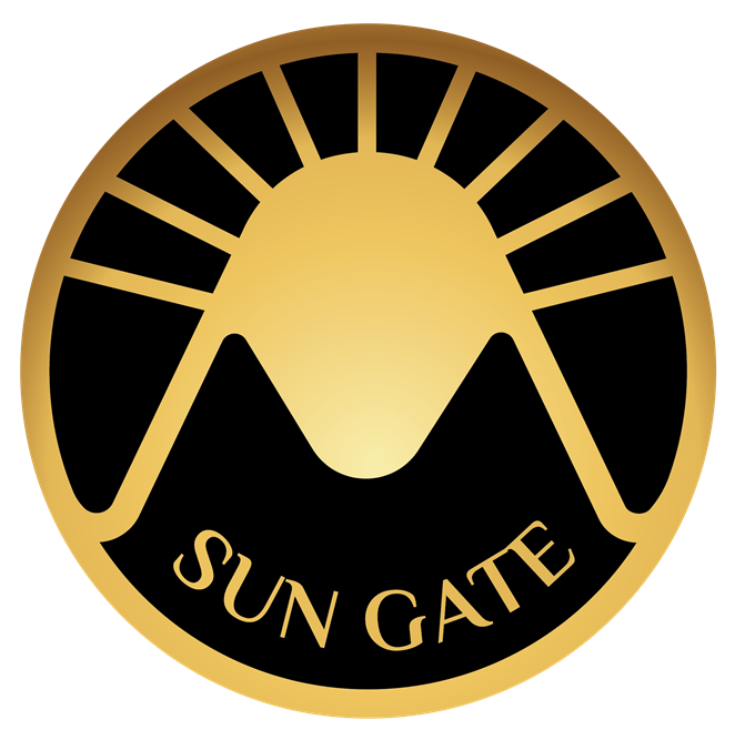 A logo with a mountain and sunDescription automatically generated
